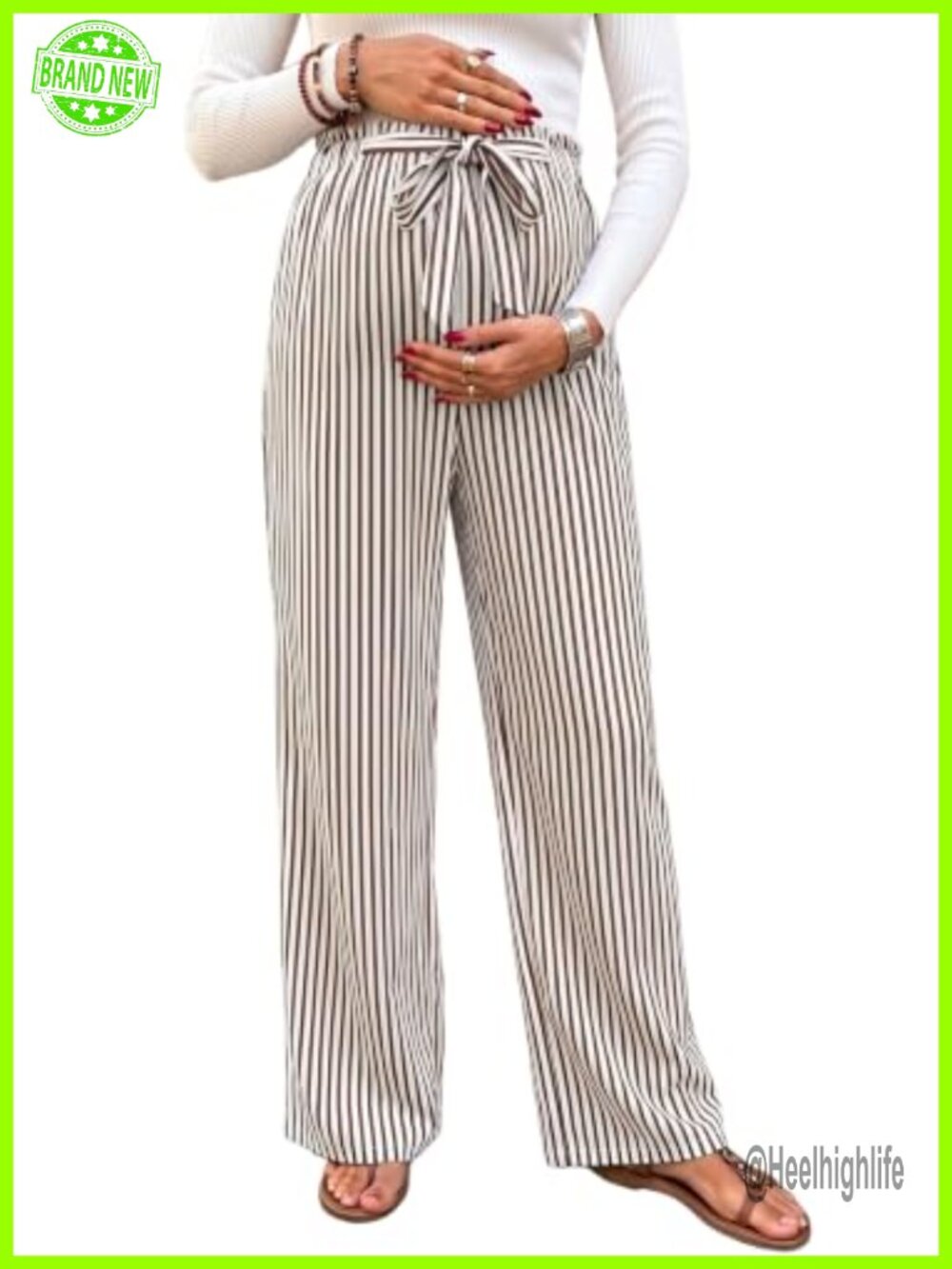 Striped Maternity Palazzo Pants Tie Waist Wide Leg Pregnancy Postpartum